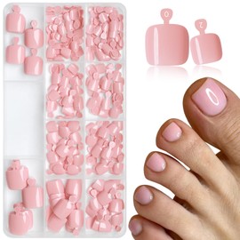 AddFavor Light Pink Press on Toenails for Women, 240pcs Toe Nail Press ons Short Square Light Pink Fake Toe Nails Acrylic Toe Nail Tips, 12 Sizes Glue on Toenail Press ons with Adhesive Tabs
