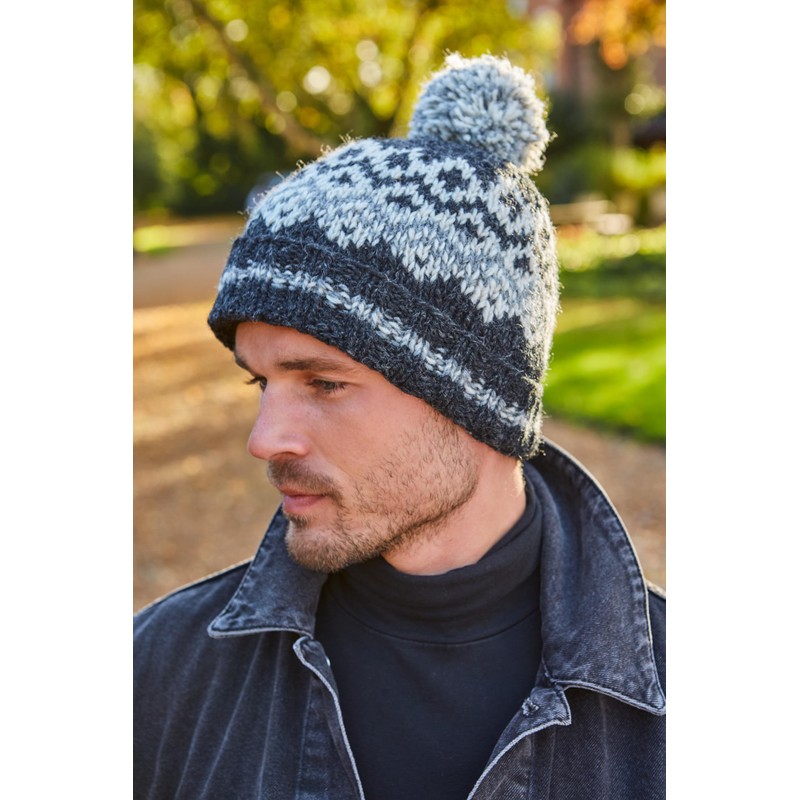 Pachamama Men Wool Beanie Bobble Hat Fleece Lined Handknitted Contemporary