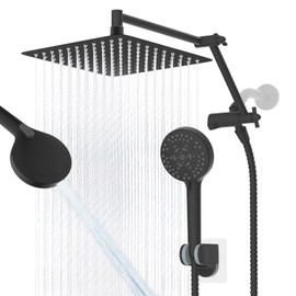 All Metal Rain Shower Head, 10” High Pressure Rainfall Shower Head with Handheld, 5" Large Handheld Showerhead Powerful Cleaning 10-Spray, 16" Shower Extension Arm Adjustable Height/Angle, Matte Black