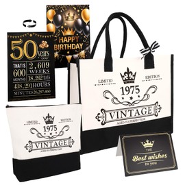 Zidoley 50th Birthday Gift for Women 1975 Tote Bag Travel Gear, 50th Birthday for Mother Wife Friends, Handbag & Cosmetic Bag & Birthday Poster Gift for Vintage 1975 (50 Years)