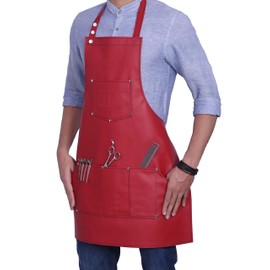 Facón Professional Leather Hair Cutting Hairdressing Barber Apron Cape for Salon Hairstylist - Multi-use, Adjustable with 6 pockets - Heavy Duty Premium Quality - Limited Edition - 28" x 24" (Red)
