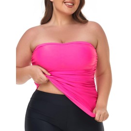 Ocean Blues Women's Bandeau Tankini Top with Tummy Control Effect | Strapless Swim Top, Bright pink, XXL