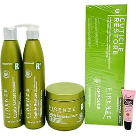 Firenze Professional Cuticle Restore Shampoo 300ml/10.1oz, Conditioner 10.1 oz , Mask Treatment 400ml/ 13.5 oz and Ampoules for extremelt damaged hair 12 x13ml - Free Starry Lip Plumping Gloss 10ml