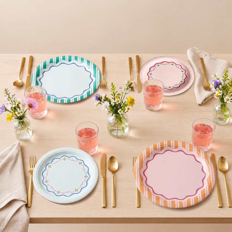 48pcs Italian Summer Party Plates Striped Paper Plates 9" +