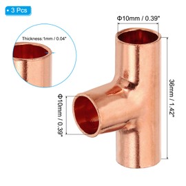 PATIKIL 10mm ID 1mm Thick Tee Copper Fitting, 3pcs 99.9% 3 Way Pure Copper Pipe Fitting Tube Connector with Sweat Solder Connection for Plumbing HVAC Refrigeration System