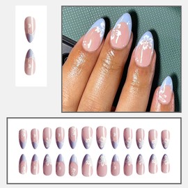 Spring Press On Nails Medium Almond Fake Nails Blue French Tip Nails Press Ons With White Flower Designs Acrylic False Nails Nude Pink Glue On Nails Full Cover Stick On Nails For Women