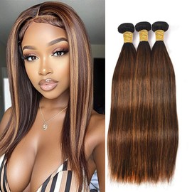BilltiiWW 1BP430 Highlight Straight Bundles Brown and Light Brown Bundles two tone Double Weft Weave Extensions Brazilian Human Hair for Black Women 16 18 20 Inch