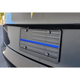 American Black USA Law Enforcement Police Support Honoring Embossed Flag Custom Designed Aluminum 4 Hole License Plate, 3D Stars and Stripes Patriotic Vanity Gift Textile US Flag Keychain