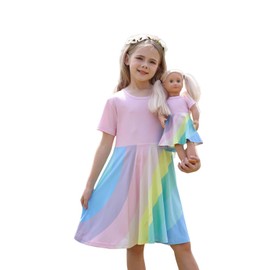 Bow Dream Girl Dresses and Matching American Girl Doll Clothes Accessories for Girls Dresses Set Rainbow Size 120