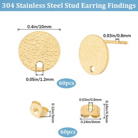 SOFPLATE 1 Box 60Pcs Flat Pad Earring Studs Stainless Steel Earring Posts with Loop Textured Round Blank Ear Stud with Nuts Gold Stud Earring Findings for jewellery Making Supplies DIY Craft Beginner