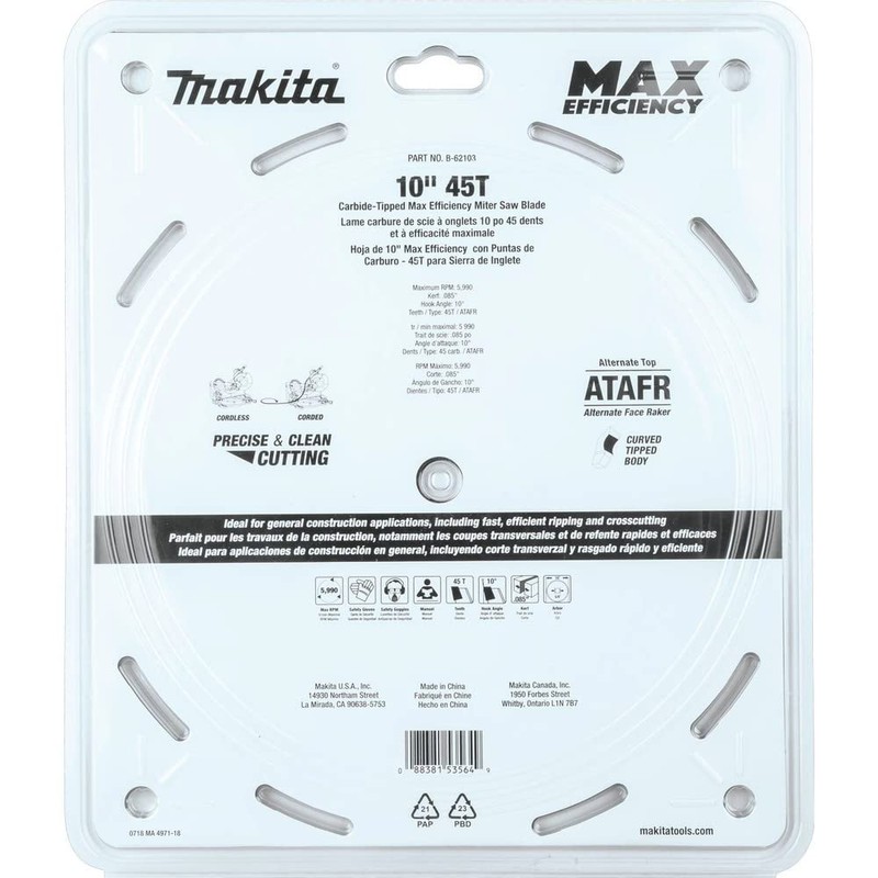 Makita B-62103 10" 45T Carbide-Tipped Max Efficiency Miter Saw Blade
