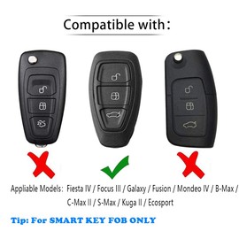 Carbon Fibre Pattern ABS Plastic Cover Suitable for Ford Smart Key Fob,3 Buttons Smart Car Key Case with Keychain,Compatible with Ford Fords/Focus/Fiesta/Kuga/C-Max,etc.- Black