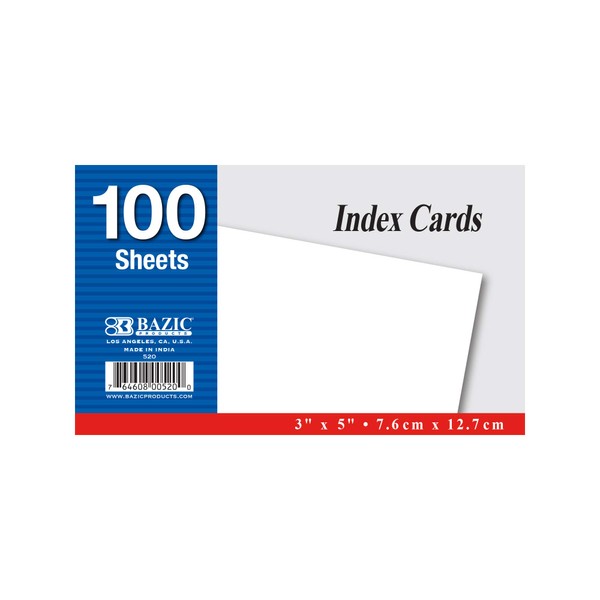 BAZIC 100 Count 3" X 5" Unruled White Index Card,