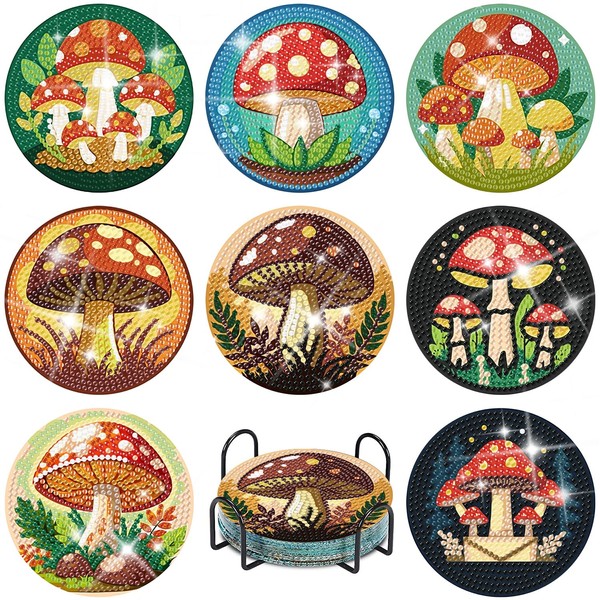 8 PCS Diamond Painting Coasters Kits with Holder, 5D Mushroom