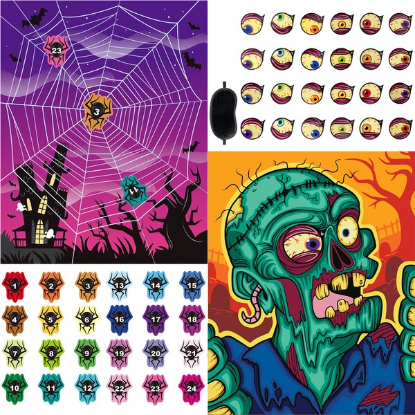 JOYIN 2 PCS Large Halloween Pin The Eyeball on Zombie and Pin The Spiders on The Web Party Games in 2 Designs with 2 Posters, 24 Eyeballs, 24 Spiders Fun Reusable Kids Gift Halloween Party Supplies