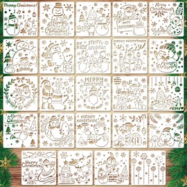 24pcs Christmas Stencils, 5.12x5.12in Reusable Christmas Template for Painting Santa Claus Design Snowman Reindeer Jingle Bell DIY Merry Christmas Ornament Stencil for Painting Crafts Making