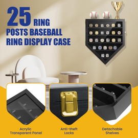 JNATER Championship Ring Display Case - 25 Ring Posts Baseball Ring Holder with LED Light, Baseball Ring Display Case, Wall Mount Wooden Shadow Box for Collection Sports Champion Rings, Baseballs