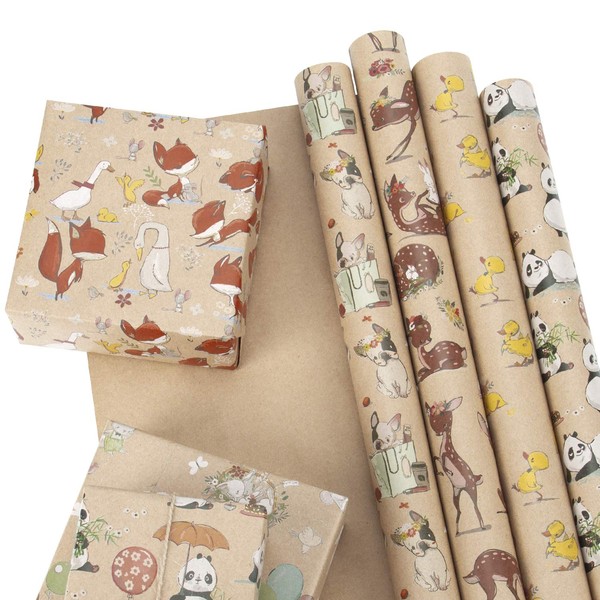 RUSPEPA Kraft Wrapping Paper Sheet - French Bulldog/Rabbit/Fox/Panda/Sika Deer/Duck Printed Spring Party Great for Baby Shower - 6 Sheets Packed as 1 roll - 17.5 x 30 inches per Sheet