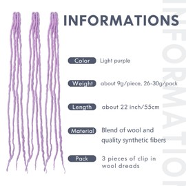 Dsoar Wool Dreads Extension Clip In Dreadlocks Pack of 3 Soft Fake Dreads Loc Extensions 22 Inches / 50 cm