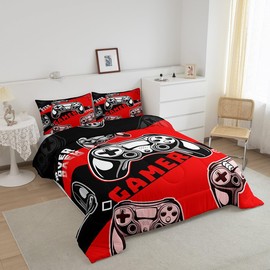 Erosebridal Gaming Bedding Set Full Size Gamer Console Comforter Set for Boys Girls Kids Teens Red and Black Gaming Comforter Sets,Soft Microfiber Gamer Bedding Sets with 2 Pillow Shams