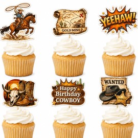ALISSAR 36 Pcs Western Cowboy Cupcake Toppers, Birthday Party Decor