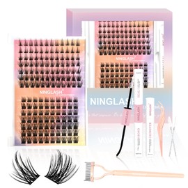 NINGLASH Royale Lash Clusters Kit Wispy DIY Eyelash Extension, 2 Styles 154pcs Individual Natural Lashes Spikes Cluster Eyelashes Lash Bond and Seal Remover Tweezer Comb Brush