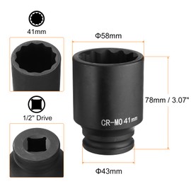 HARFINGTON 12-Point Deep Impact Socket 1/2 Inch Drive 41mm Metric Chrome Molybdenum Alloy Steel Spindle Axle Nut Impact Socket