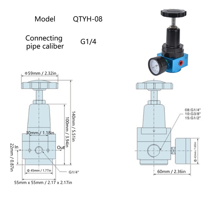 Air Pressure Regulator Miniature Pneumatic Reducing Valve Regulating Control GaugeQTYH‑08