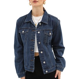 Argstar Women's Denim Jean Jackets Button Up Long Sleeve Basic Trendy Stretch Trucker Jacket Dark Blue L