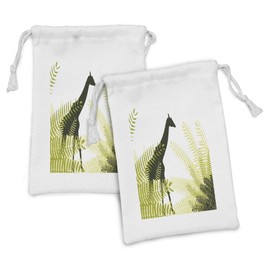 Ambesonne Africa Fabric Pouch Set of 2, Silhouette of Giraffe Ferns National Park Terrestrial Tall Animal Print, Small Drawstring Bag for Toiletries Masks and Favors, 9" x 6", Pale Green Dark Green