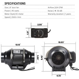 GCJ 6 inch Inline Duct Fan, Ventilation Exhaust Fan with Quiet EC-Motor and Infinity Variable Speed Controller,Cooling Heating Booster for Greenhouse,Grow Tent,Hydroponics and 3D Printer