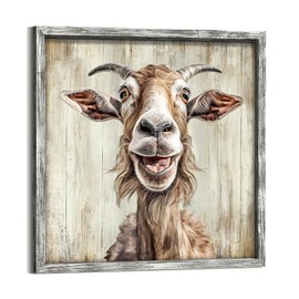 Farmhouse Animal Framed Wall Art: Goat Portrait Wood Print Painting Picture Rustic Cute Farm Sheep Artwork for Home Kids Room Bedroom Decor 16 x 16 Inches