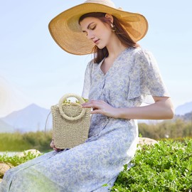 NICOLE & DORIS Straw Crossbody Bags for Women Woven Straw Handbags Mini Beach Bag Top Handle Rattan Bag Straw Phone Bag Bucket Bag for Summer Vacation Beige