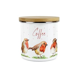 Purely Home English Robins Coffee Canister - White Metal Enamel Kitchen Food Storage Container