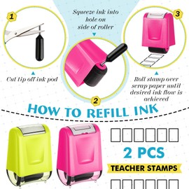 Nezyo 2 Pcs Teacher Stamps Square Grids & Dashed Lines Refillable Self Ink Writing Practice Roller Stamp for Handwriting Math Fractions Classroom Home Office School Teacher Supplies
