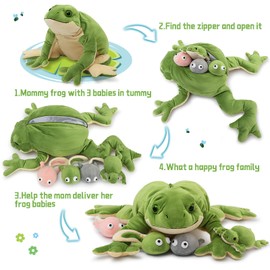 Tezituor Giant Mommy Frog Stuffed Animal with 4 Babies,20.5” Realistic Frog Plush Toy Soft Pillow Adorable Frog Plushies Gifts for Boys Girls