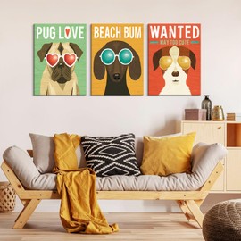 SEVEN WALL ARTS Cute Dogs Canvas Wall Art Pug Dog With Sunglasses Prints Funny Puppy Dog Pictures Modern Animal Artwork for Bathroom Boys Girls Kids Room Home Office Decor