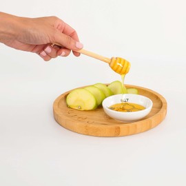 Handmade 8" Rosh Hashanah Apple and Honey Plate and Dish with Black and White Ceramic Bow, Bamboo Wood Apple Plate with Ceramic Honey Dipper and Server Tray by Mickala Design