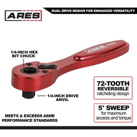 ARES 42062 – Dual Drive 1/4-Inch Drive and 1/4-Inch Bit 72-Tooth Micro Ratchet – 72-Tooth Fine Tooth Gear – Compact Size for Tight Spaces – Fits in Pocket