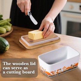 Mushroom Butter Dish with Lid,Large Butter Crock Keeper Saver,Ceramic Butter Container for Countertop with Highly Sealed Silicone Thick Wooden Lid for Kitchen Farmhouse Decor (White, Mushroom)