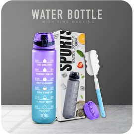 K-MART Water Bottle 1L, Sports Water Bottle with Time Markings, BPA-Free, Leak-Proof Drinks Bottle, Perfect for Running, Cycling, Gym, Yoga, Camping and Outdoor Activities, Blue-purple