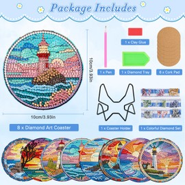 MOGTAA 8Pcs Diamond Art Coasters with Holder, Lighthouse Diamond Art Coasters Kits for Adults Beginners, 5D DIY Diamond Painting Coaster Landscape Crystal Crafts for Home Decor