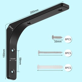 Knpwer Pack of 4 Black Shelf Brackets, 8 Inch Heavy Duty Shelf Brackets, Industrial Shelf Brackets, Multifunctional Metal Angle 90 Degrees (15 x 20 cm)