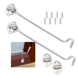 Pack of 2 storm hooks with eyelet, cabin hooks, stainless steel, door hooks, silver window hooks, storm hooks for swing door, wood, shutters, wood, barn door, garden gate latch with 8 mounting screws
