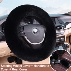 HTTDSLF Fluffy Plush Steering Wheel Cover, 3Pcs Universal Soft Anti-Slip Furry Car Steering Wheel Cover, Winter Warm Protector Stretch Car Accessory Decoration For Women Men, Universal Size 38cm