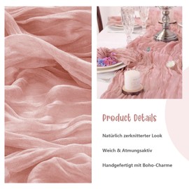 H HOMEWINS Boho Table Runner 90 x 300 cm, Dusky Pink Bali Gauze, Airy and Soft, Elegant Table Decoration for Wedding, Birthday, Dining Table & Party