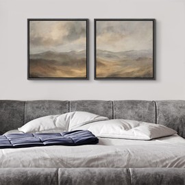 SIGNFORD Framed Canvas Print Wall Art Set Neutral Toned Mountain Landscape Abstract Earthy Illustrations Modern Art Minimal Relax/Calm for Living Room, Bedroom, Office - 24"x24"x2 Black