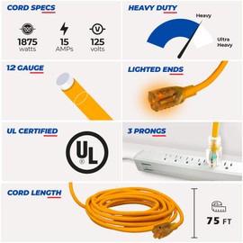 75 ft Power Extension Cord Outdoor & Indoor Heavy Duty 12 Gauge/3 Prong SJTW (Yellow) Lighted end Extra Durability 15 AMP 125 Volts 1875 Watts by LifeSupplyUSA