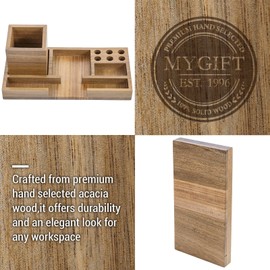MyGift Acacia Solid Wood Desktop Stationery Holder - Sticky Note & Office Supplies Storage Tray - Organizing Desk Organizer for Office, Home, and Workspaces