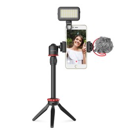 Walimex pro BOYA Smartphone Video Kit VG350 I Video Stabilisator I Video Rig mit Mikrofon, Mini LED Licht, Dreibein Stativ, universellem Smartphone-Halter und Fell-Windschutz I mobiles Vlogging Kit